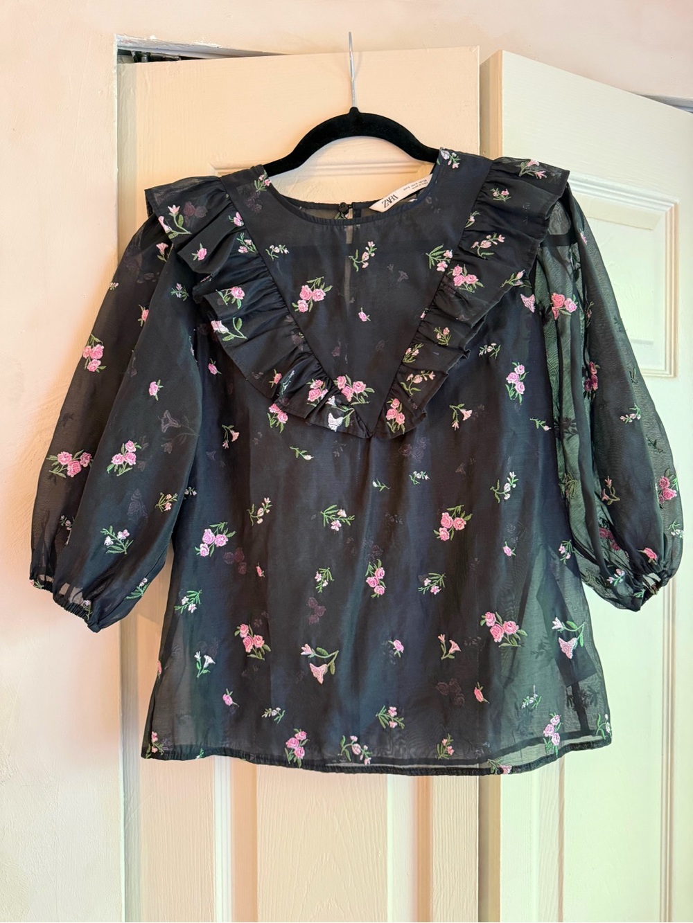 Zara Black Sheer Blouse with Pink Floral Ruffle Detail
